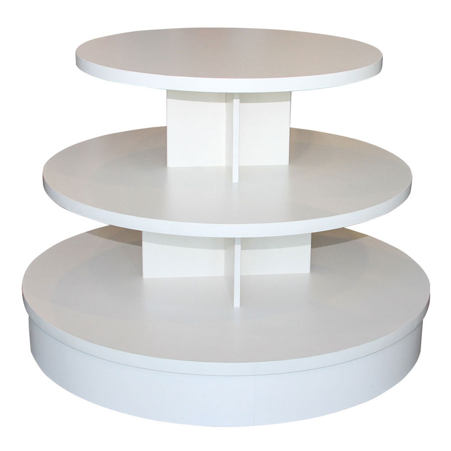 3 Tier White Melamine Round Table Retail Display Tables By Grand Benedicts Store Fixtures